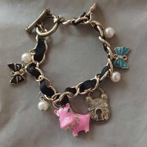 New Golden Crystal Black Ribbon•Pink Pig•Lock•Heart•Bow•Pearl Charm Bracelet